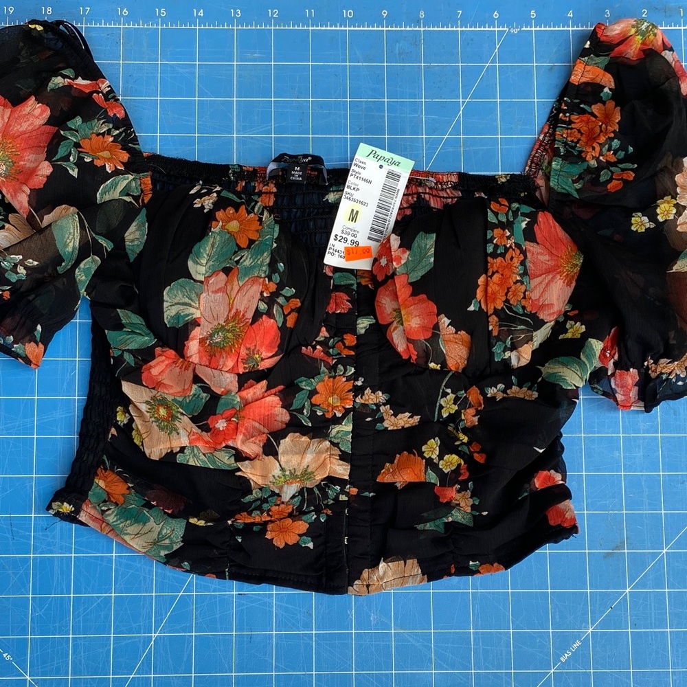 Papaya Black Floral Blouse with Red and Green Accents